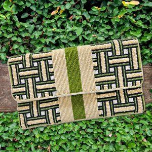 Green Striped Beaded Crossbody Chain Clutch Handbag Bag NEW